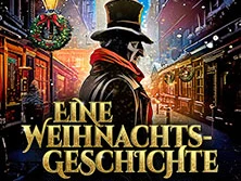 Ein viktorianischer Gehweg, verziert mit Festdekorationen, eine mysteriöse Figur trägt einen Zylinder.