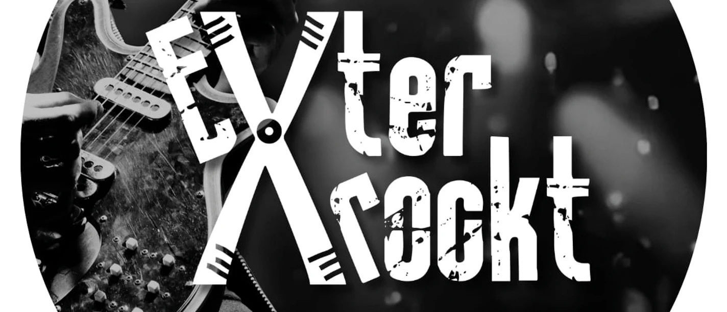 Exter rockt Logo des Exter rockt Festivals zeigt Gitarrenspiel, mit URL und Vereinshinweis im kreisförmigen Design.