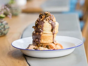 Neobiota Ein kreatives Gericht auf einem Tisch, in einem stilvollen Café, dekoriert mit Kakteen im Hintergrund.A creative dish on a table in a stylish café, decorated with cacti in the background.