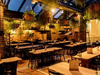 Hellers Brauhaus Restaurant Innenraum in warmen Licht durchflutet, roter Backsteinwand und Hängepflanzen an der Decke.Restaurant interior flooded with warm light, red brick wall and hanging plants on the ceiling.