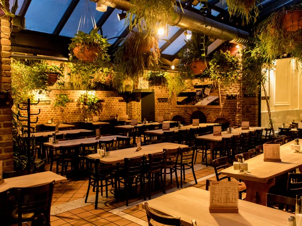 Hellers Brauhaus Restaurant Innenraum in warmen Licht durchflutet, roter Backsteinwand und Hängepflanzen an der Decke.