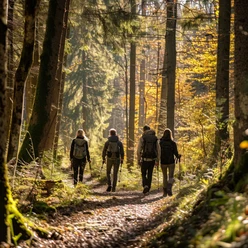 hikers Vier Personen die im Wald einen Weg entlang wandern