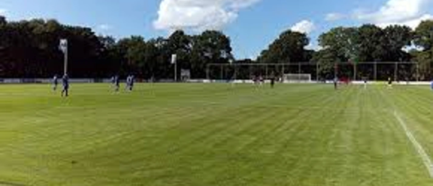 Sportplatz_an_der_Grundschule_Collinghorst Fußballfeld mit Spielern, umgeben von Bäumen unter einem leicht bewolkten Himmel.