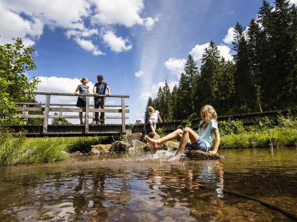 Familie an der Brücke im Schwarzbachtal