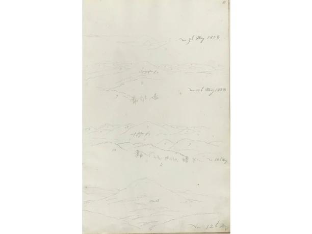 Schets van een landschap met heuvels en bomen, gedateerd 9 en 12 mei 1808, in potlood op lichtgekleurd papier.