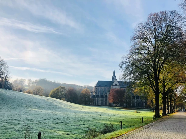 Klosterlandschaft Altenberg Kloster mit gotischer Fassade, umgeben von herbstlichen Bäumen und einer von morgendlichem Frost bedeckten Wiese.