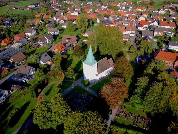 Luftaufnahme einer weißen Kirche mit grünem Turm in einem grünen, bewaldeten Dorfumfeld.