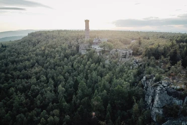 Hoher Schneeberg Ein hoher Turm und ein Gebäude stehen auf einem bewaldeten Hügel, umgeben von dichtem Grün und Felsen, bei sanftem Sonnenlicht.