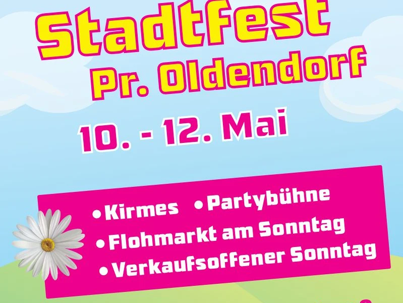 Stadtfest 2024 Stadtfest Plakat mit Infos zu Kirmes, Partybühne, Flohmarkt und verkaufsoffenem Sonntag im Mai.