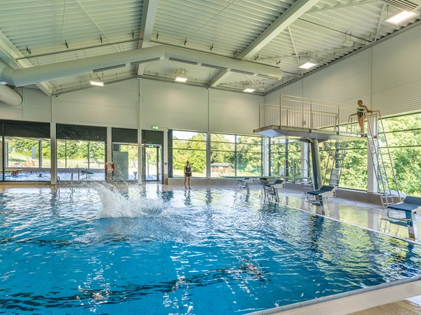 BALNEO Waldbröl Ein modernes Schwimmbad mit Kindern auf Sprungbrettern, großen Fenstern und grüner Aussicht.