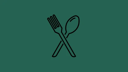 Gastronomie Schwarze Gabel und Löffel gekreuzt auf grünem Hintergrund symbolisieren ein gastronomisches Angebot.