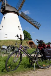 Stadt Petershagen_Heimsen_Evelyn Hotze_Mühle_außen_einzelnes Rad im Vordergrund_Sommer_hoch.jpg Historische Windmühle mit langem Flügelwerk in ruhigem Umfeld; Fahrrad im Vordergrund.