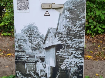 Schwarz-Weiß-Foto eines Wasserrads mit Fachwerkgebäude auf einem Stromkasten, umgeben von Laub.