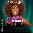 Tamika Campbell lächelt auf einem Plakat für ihre Stand-Up-Comedy-Show "Drama Magnet".