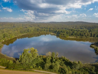 Ein ruhiger Teich von Wäldern umgeben unter einem blauen Himmel mit vereinzelten Wolken.