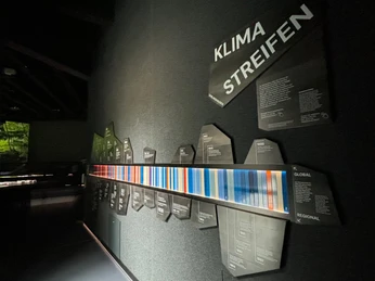 KEW1.jpg Ausstellung mit Klimastreifen an einer Wand, farbige Balken symbolisieren Temperaturveränderungen.