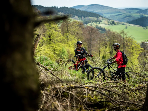Mountainbiker-Paar im Gelände vor Bergpanorama Mountainbiker-Paar im Gelände vor Bergpanorama