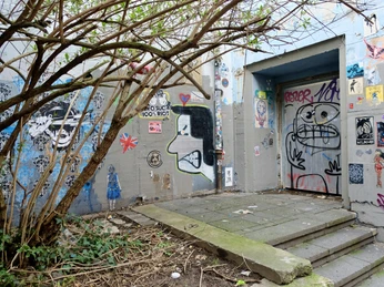 Wall of Fame Im Bild ist ein Eingang zu sehen, der mit farbenfrohen Graffiti bedeckt ist. Der Bereich ist von einem Baum umgeben, dessen Äste sich über den gepflasterten Boden erstrecken.The image shows an entrance covered with colorful graffiti. The area is surrounded by a tree, whose branches extend over the paved ground.