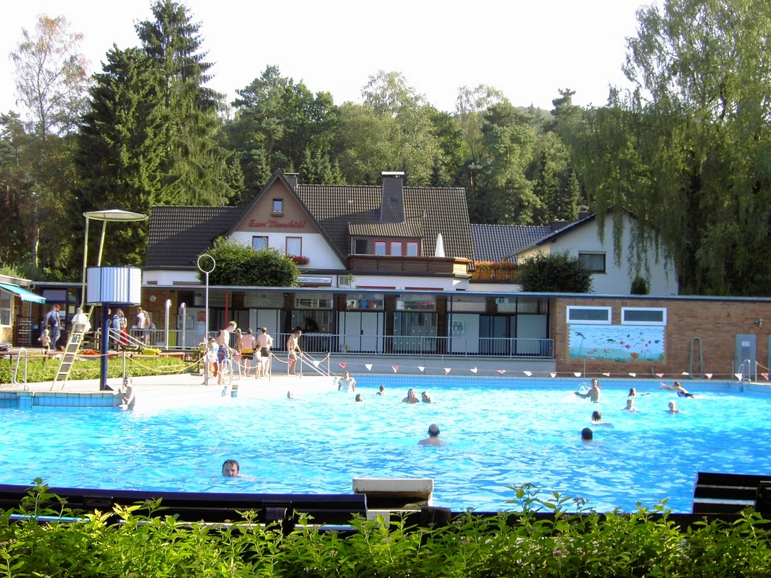 Das Freibad 2004.JPG Öffentliches Freibad mit Schwimmern, umgeben von Bäumen und Gebäuden unter einem klaren Himmel.