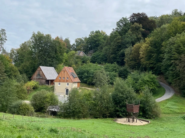 Een geel huis met een rood dak staat in een groen boslandschap, naast een houten schuur; een smal pad leidt door de bomen.