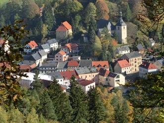 Bird's eye view of Bad Gottleuba surrounded by autumnal trees, with a central church.