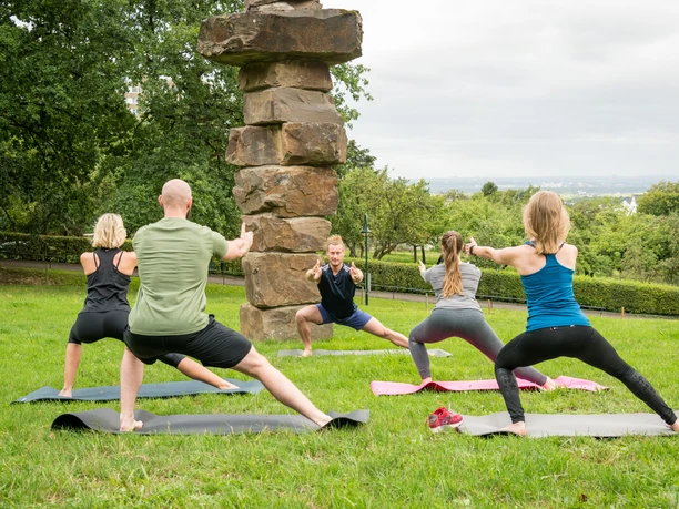 Yoga im Park Menschen machen Yoga im Freien auf einer Wiese nahe einem mehrschichtigen Steinturm.