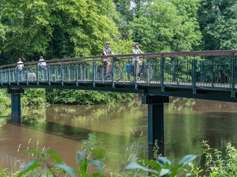 Fahrradfahrer überqueren eine schmale Brücke über einem ruhigen Fluss, umgeben von üppigem Grün.
