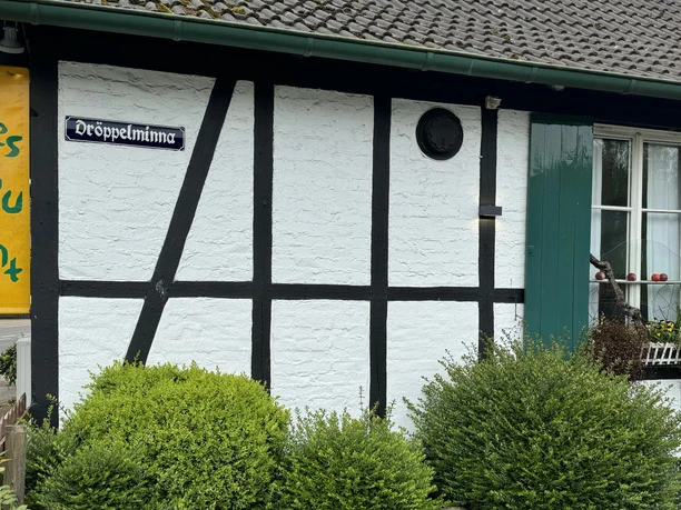 Außenansicht Ein traditionelles Fachwerkhaus mit weißer Fassade und schwarzem Holz, grünen Fensterläden und Blumen.