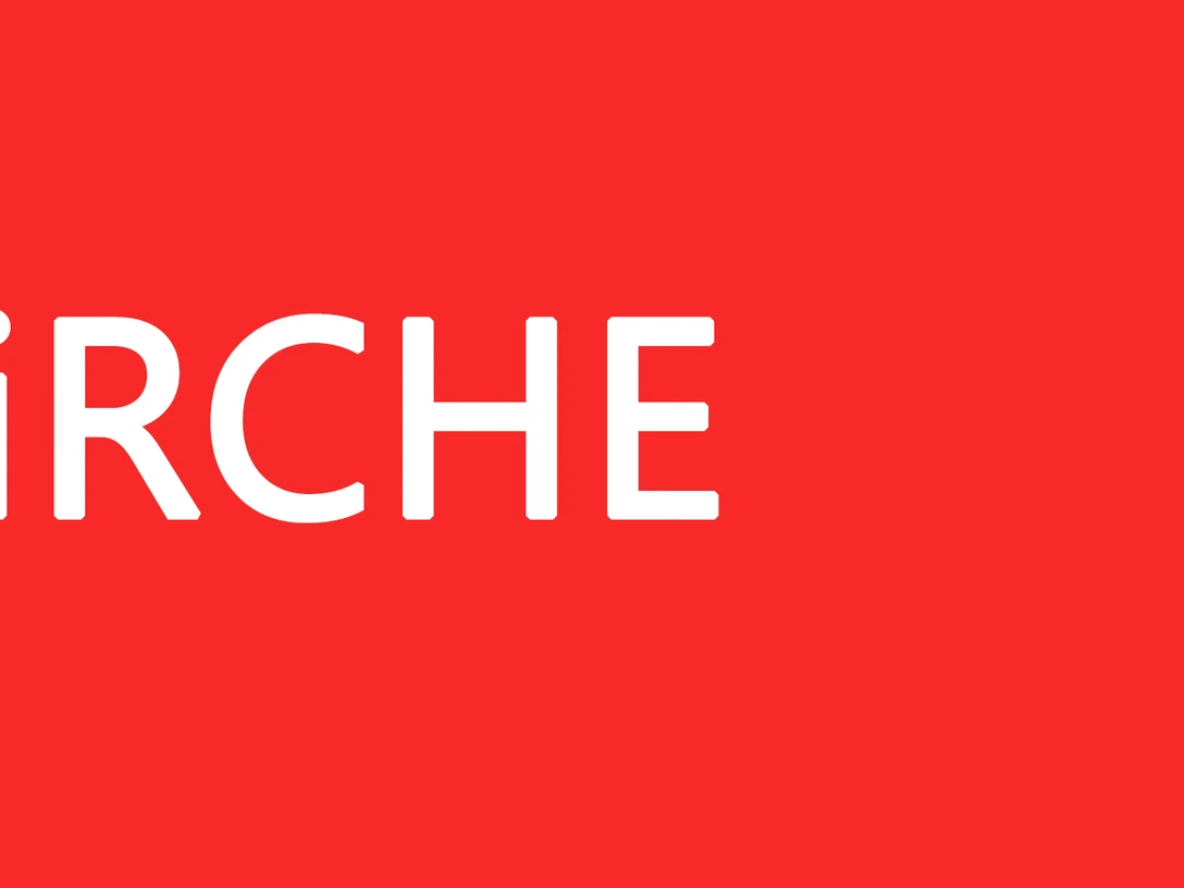 Kirche.jpg Weiße Schrift "KIRCHE" auf rotem Hintergrund, typografisch schlicht gehalten.