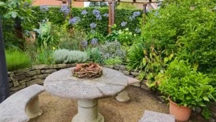 Sitzecke Garten Angelika und Holger Ihler.jpg Das Bild zeigt eine idyllische Gartensitzecke, die von üppigem Grün und blühenden Pflanzen umgeben ist. Ein runder Steintisch mit zwei halbmondförmigen Steinbänken wird von einem rustikalen Gartenzaun eingerahmt. Die farbenfrohe Blumenvielfalt und das satte Grün der Blätter schaffen eine friedliche und einladende Atmosphäre.