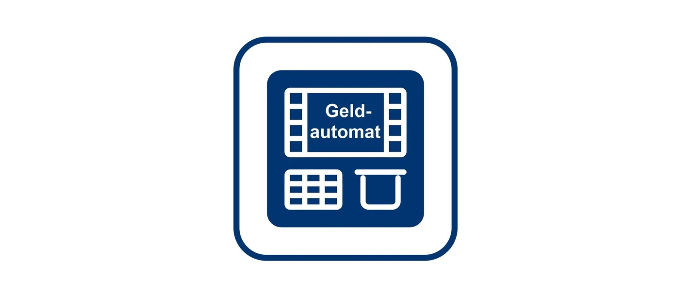 Blaues Symbol für einen Geldautomaten mit Display, Tastatur und Ausgabeschlitz