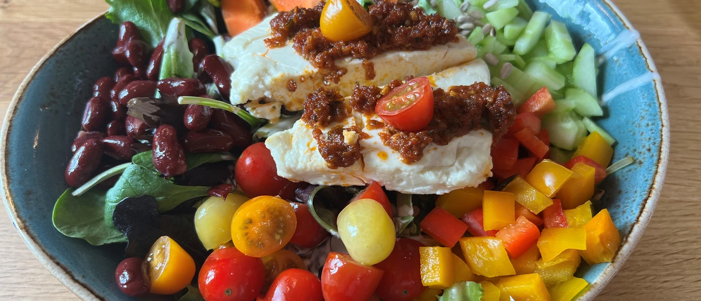 Kleurrijk saladebord met kipfilet, kikkererwten, tomaten, paprika, komkommer en wortelen.