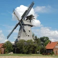 Stadt Petershagen_Meßlingen_Evelyn Hotze_Windmühle_Kornfeld im Sommer_quer.jpg Eine historische Windmühle steht neben einem Backsteinhaus unter einem klaren blauen Sommerhimmel.