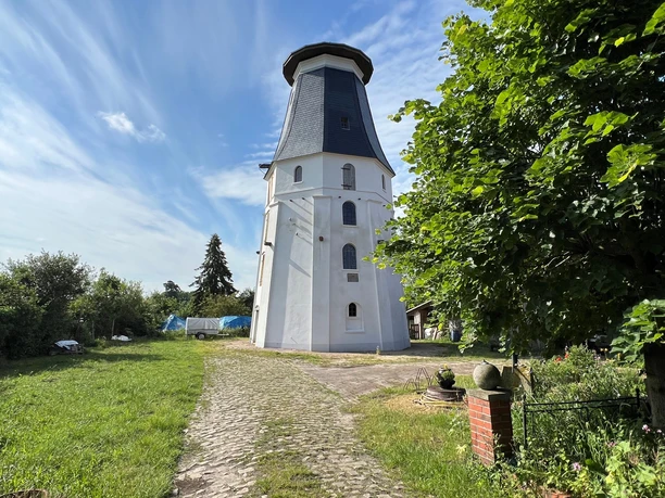 Stühr Mühle Martfeld Eine historische Windmühle in Martfeld mit weißem Turm und blauen Schindeln, umgeben von Bäumen.