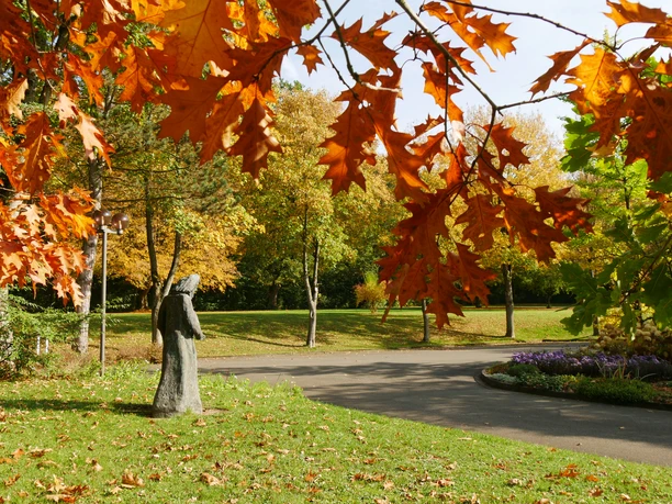 Herbstliche Parklandschaft mit einer Skulptur, buntem Laub und gepflegtem Rasen in Willebadessen.