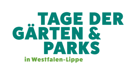 Tag der Gärten und Parks Großes, türkis-grünes Textlogo auf schwarzem Hintergrund, mit Fokus auf "Tage der Gärten & Parks".