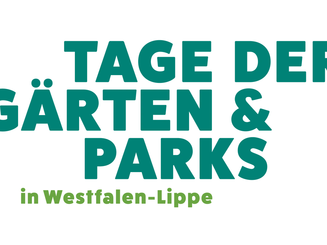 Tag der Gärten und Parks Großes, türkis-grünes Textlogo auf schwarzem Hintergrund, mit Fokus auf "Tage der Gärten & Parks".