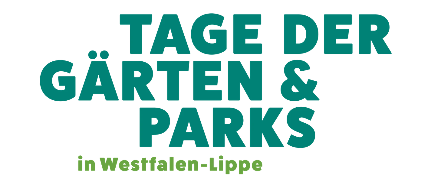 Tag der Gärten und Parks Großes, türkis-grünes Textlogo auf schwarzem Hintergrund, mit Fokus auf "Tage der Gärten & Parks".