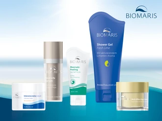 Biomaris "Gesundheit & Schönheit aus dem Meer“ Zu sehen ist ein Werbebild mit verschiedenen Produkten aus der Biomaris Produktpalette.