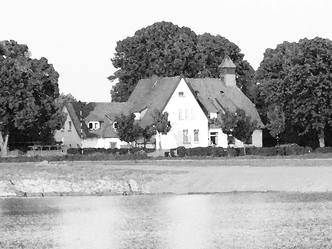 ole schaule gemalt.jpg Historische Gebäudekomplex im Grünen mit hohen Bäumen und einem kleinen Turm nahe eines Gewässers.