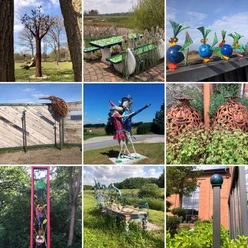 Lieblingsorte in Apen-Collage 4-Apen-Foto Antje Geisler.JPG Die Bildcollage zeigt eine Auswahl skurriler Kunstobjekte in Apen vor grüner Natur und auf Plätzen.