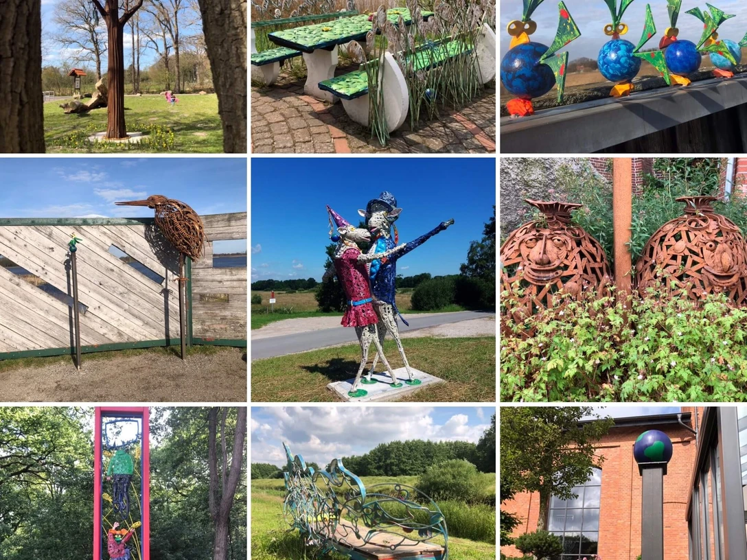 Lieblingsorte in Apen-Collage 4-Apen-Foto Antje Geisler.JPG Die Bildcollage zeigt eine Auswahl skurriler Kunstobjekte in Apen vor grüner Natur und auf Plätzen.