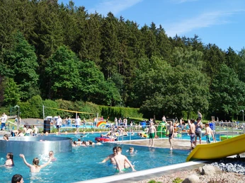 Bad-Wuennenberg_Waldschwimmbad_05_©Stadt-Bad-Wuennenberg.JPG Menschen entspannen und spielen in einem Außenpool umgeben von üppigem Grün und Wald.