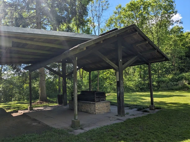 Grillplatz Hube Überdachter Grillplatz mit Steinfeuerstelle auf einer Wiese, umgeben von hohen Bäumen im Sonnenschein.
