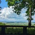Königsstuhlhütte Ausblick Holzbank am Waldrand mit Blick über Felder, Hügel und weitläufige Landschaft unter Wolkenhimmel.
