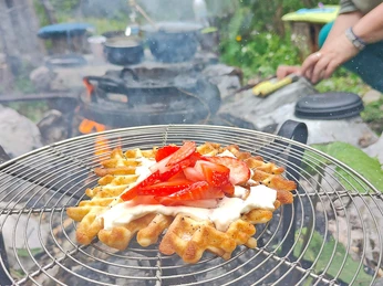 Waffles baked over the fire Waffeln über dem Feuer gebackenWaffles baked over the fireGaufres cuites sur le feu
