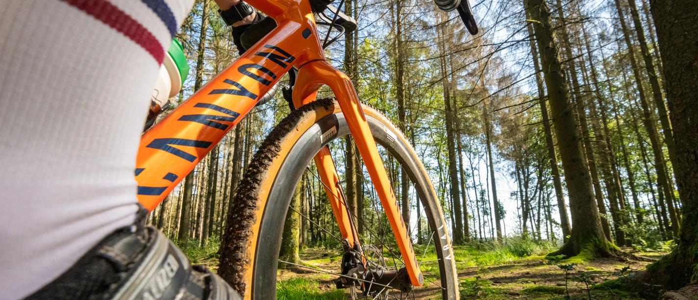 Gravelbike Ein orangefarbenes Gravelbike fährt durch einen moosbedeckten Wald, umgeben von dichten Bäumen.