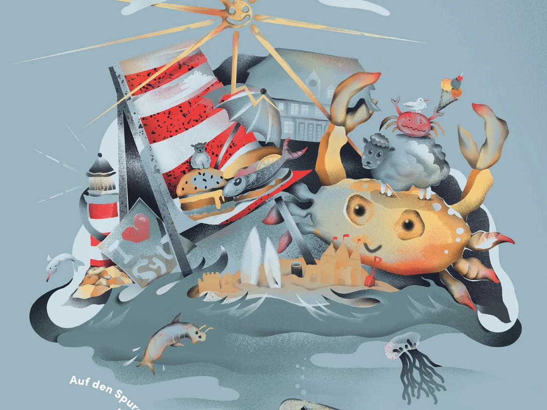 Island Game Sylt Keyvisual zum Spiel Island Game Sylt: Grafische Darstellung von Sylt-spezifischen Motiven wie Leuchtturm, Krabbe , Friesenhaus und weitere.