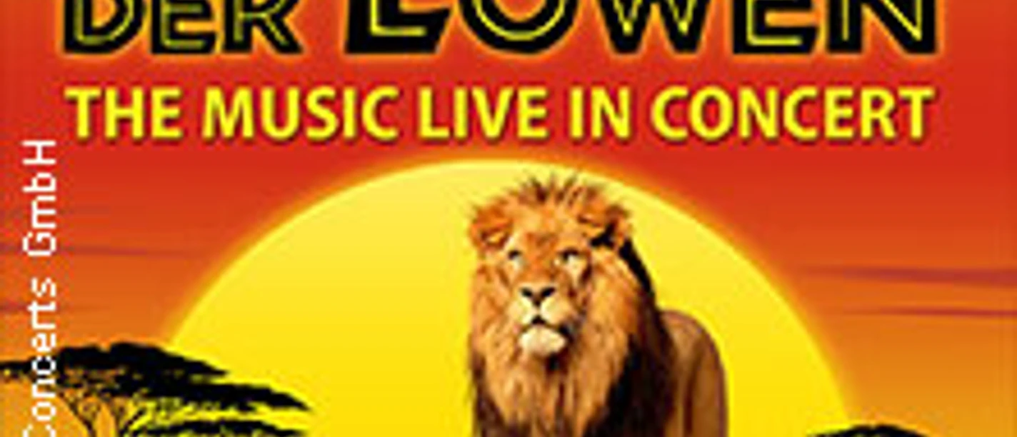 Plakatmotiv für "Der König der Löwen" Konzert mit einem majestätischen Löwen und Jungtier vor Sonnenuntergang.