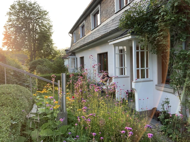 Ferienhaus Brinker Bleide in Velbert-Langenberg Ein Ferienhaus mit üppigem Garten und blühenden Blumen, das Licht der tiefstehenden Sonne scheint durch die Bäume.